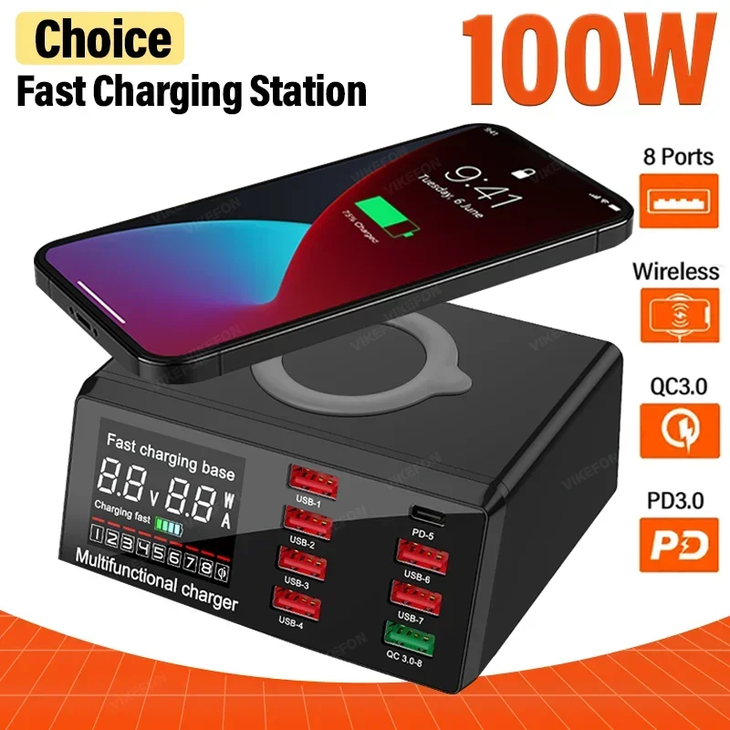 Stazione di ricarica USB da 100 W a 8 porte Ricarica wireless Display digitale Schermo QC3.0 PD3.0