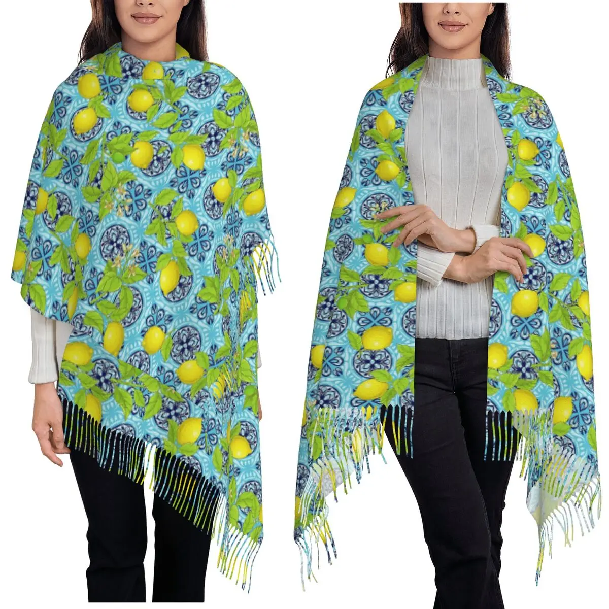 

Средиземноморские лимонные керамические плитки, летний шарф с фруктами цитрусовых, шарфы с кисточками, женские шали и накидки, длинная осенне-зимняя шаль, накидка