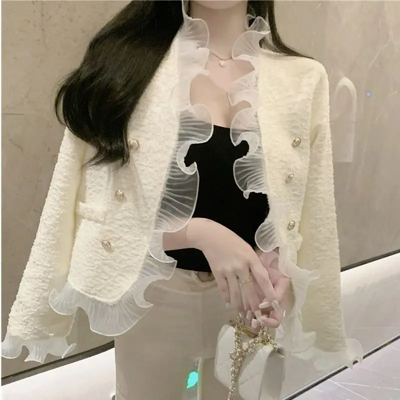 

New Fall Winter Small Fragrance Tweed Jacket Coat Women French Vintage Ruffles Slim Coats Korean Fashion Elegant Outwear Tops