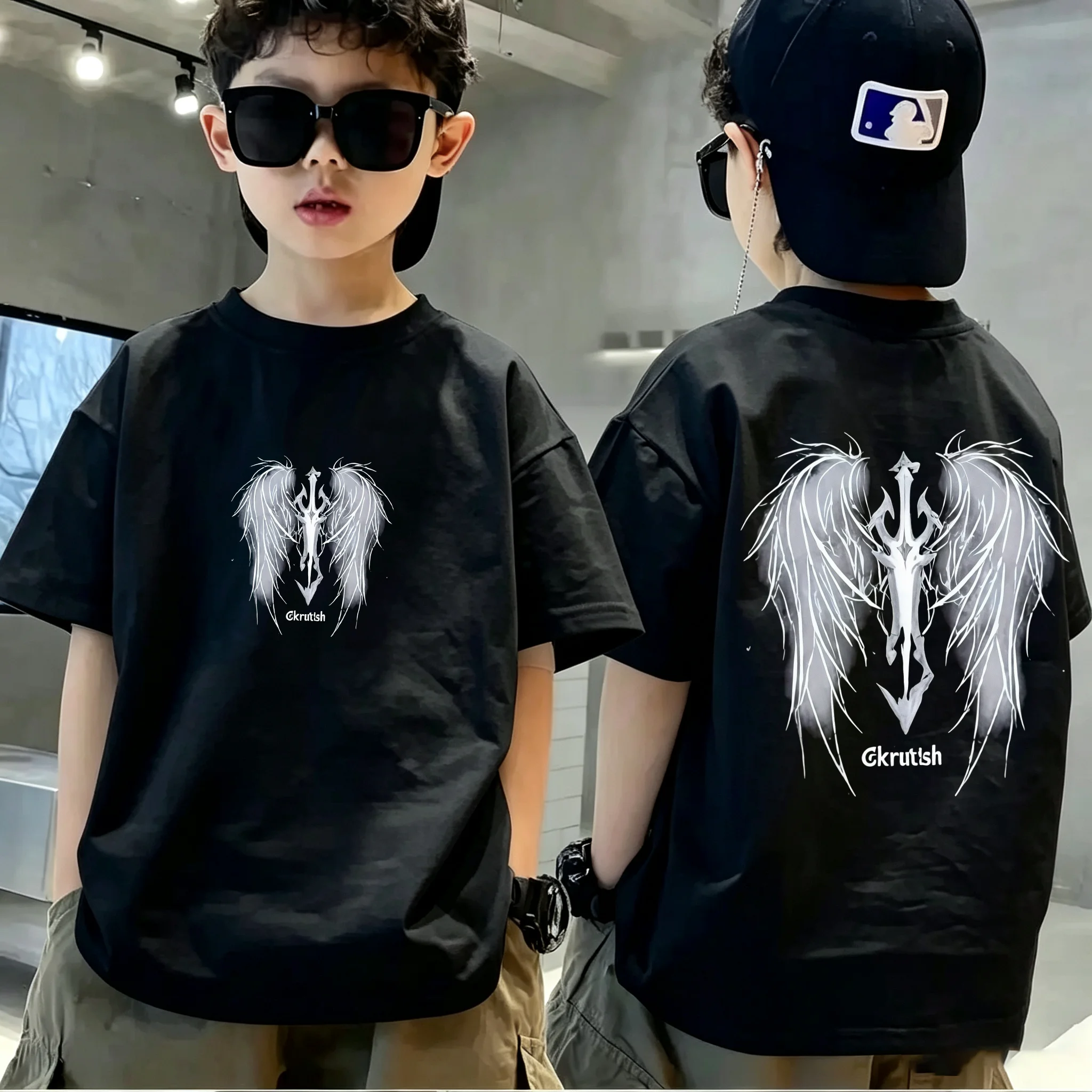 Children's short-sleeved T-shirt - Boys' summer trendy brand wing-print shirt - Loose pure cotton half-sleeve casual t-shirt