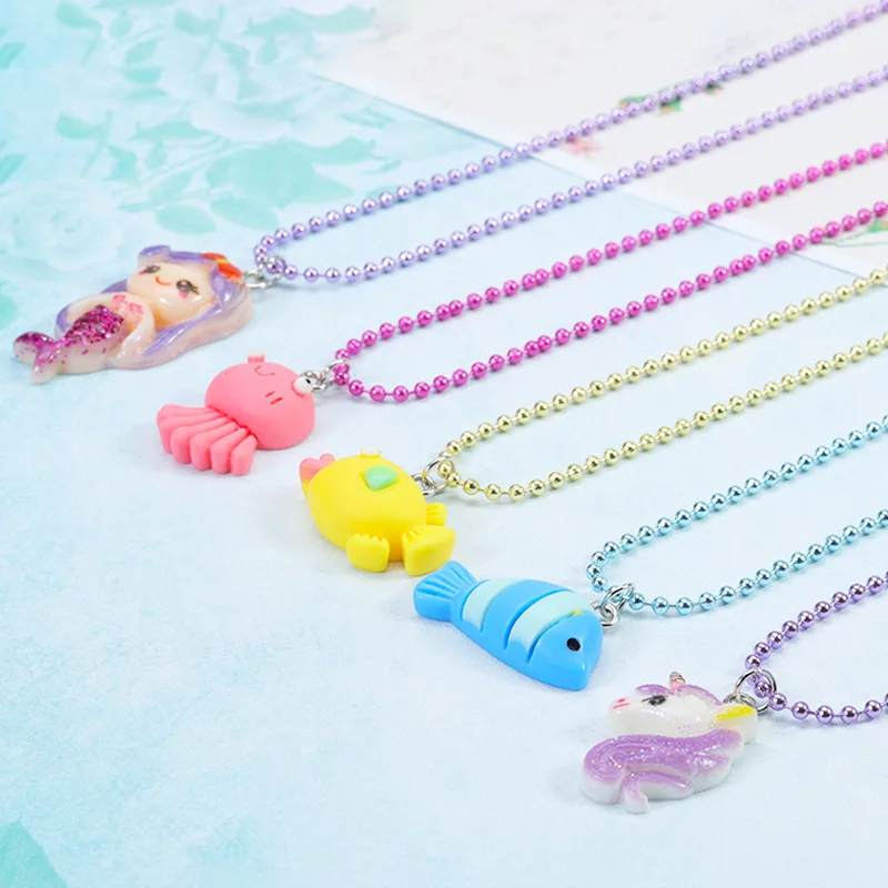 1/2Pcs Children's Cartoon Mermaid Seahorse Octopus Necklace Rainbow Fruit Figures Ring  Girls Play House Birthday Party Favor