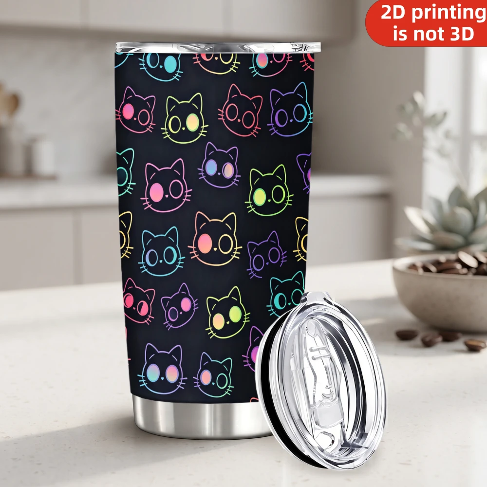 20oz Neon Rainbow Doodle Cat Printed Stainless Steel Tumbler with Lid and Straw, Colorful Glowing Outline Kitten Cat Lover Gift Vacuum Insulated Travel Coffee Mug