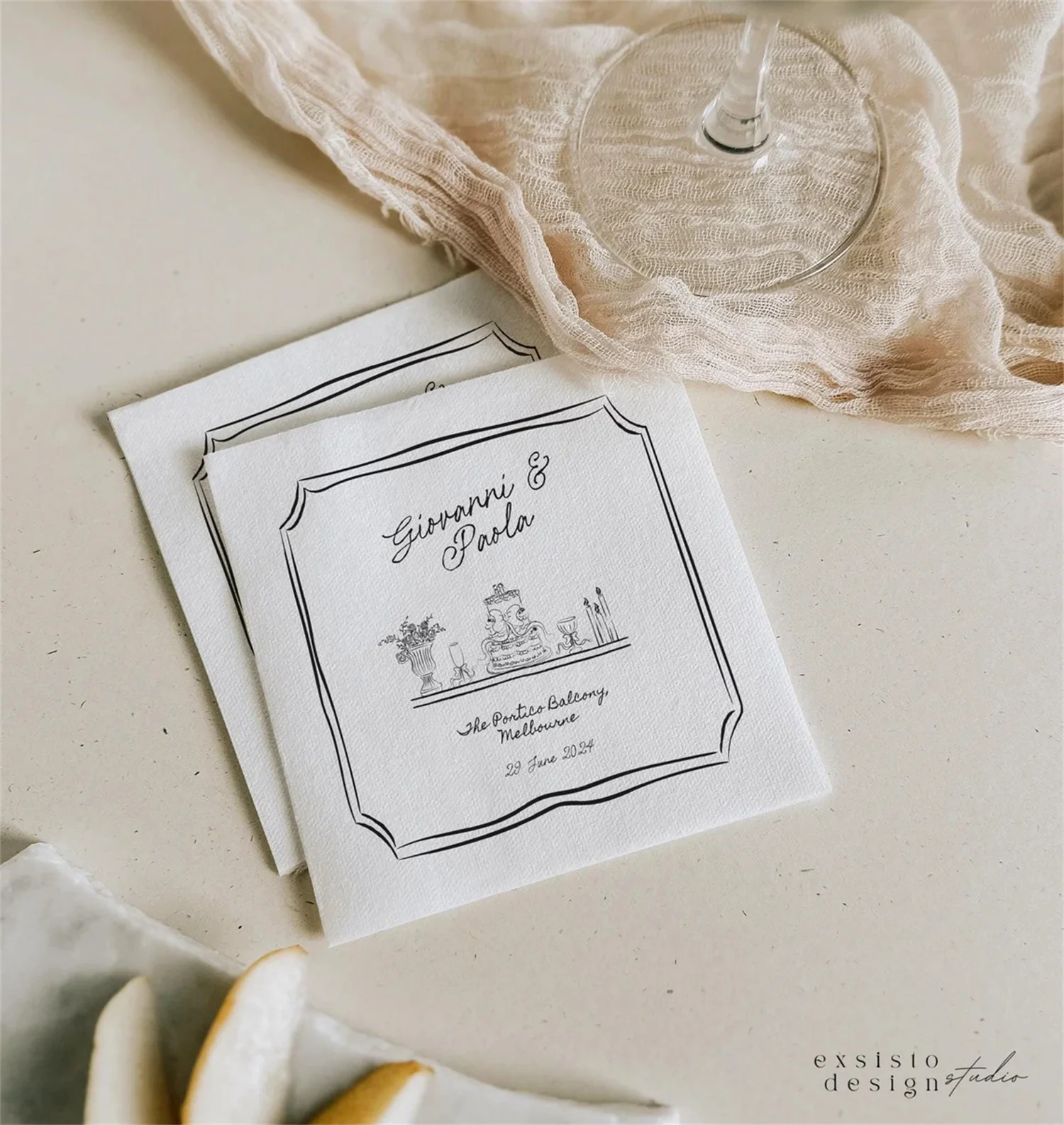 50pcs Cocktail Napkin Template for wedding with Hand Drawn Doodle Table setting Illustration, Cake, Quirky Wavy Border, Scribble