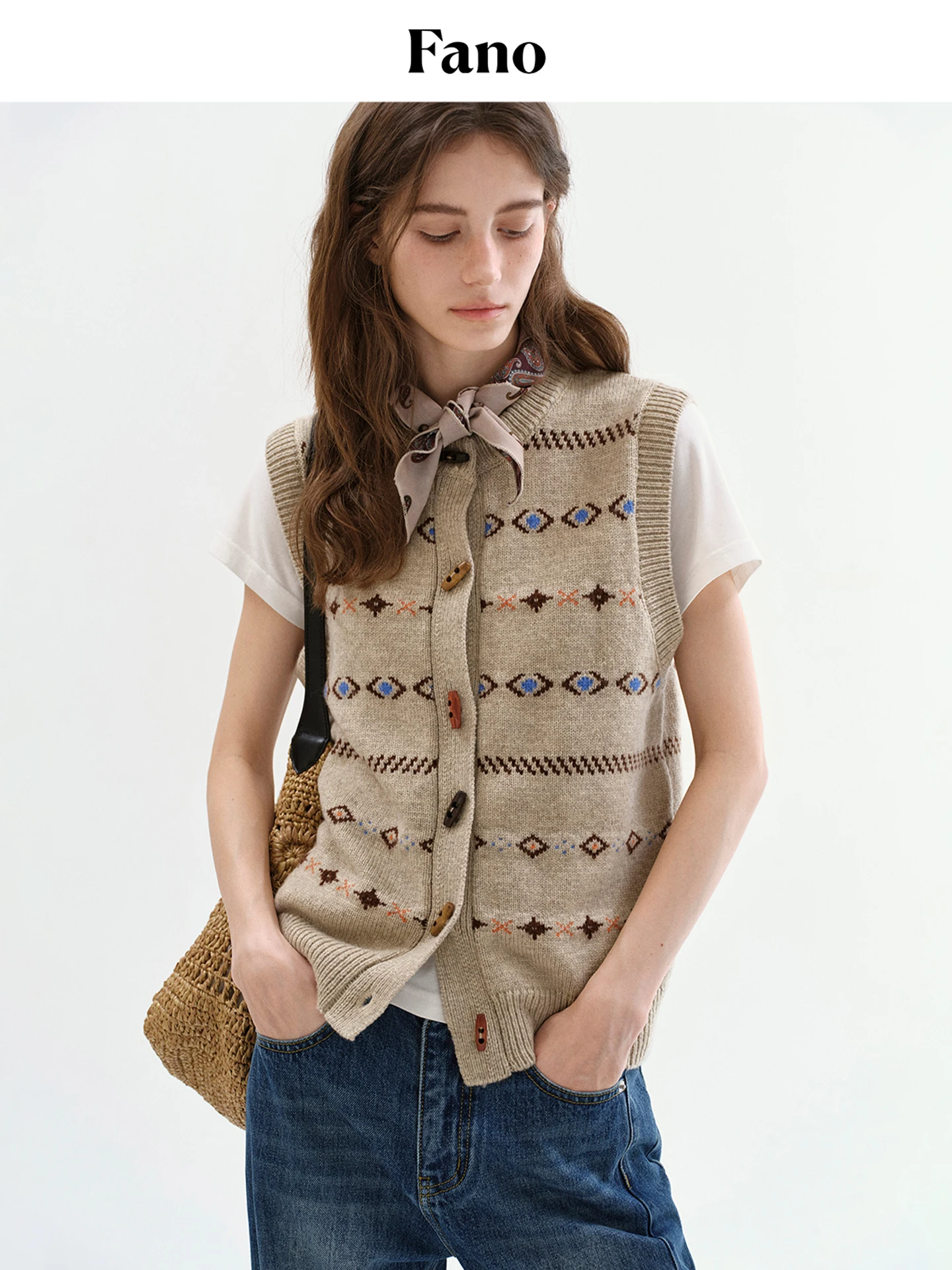 

Fano Cashmere Nylon Blend Women's Knitted Vest round Neck Button up Geometric Patterned Autumn New Style Versatile Comfortable