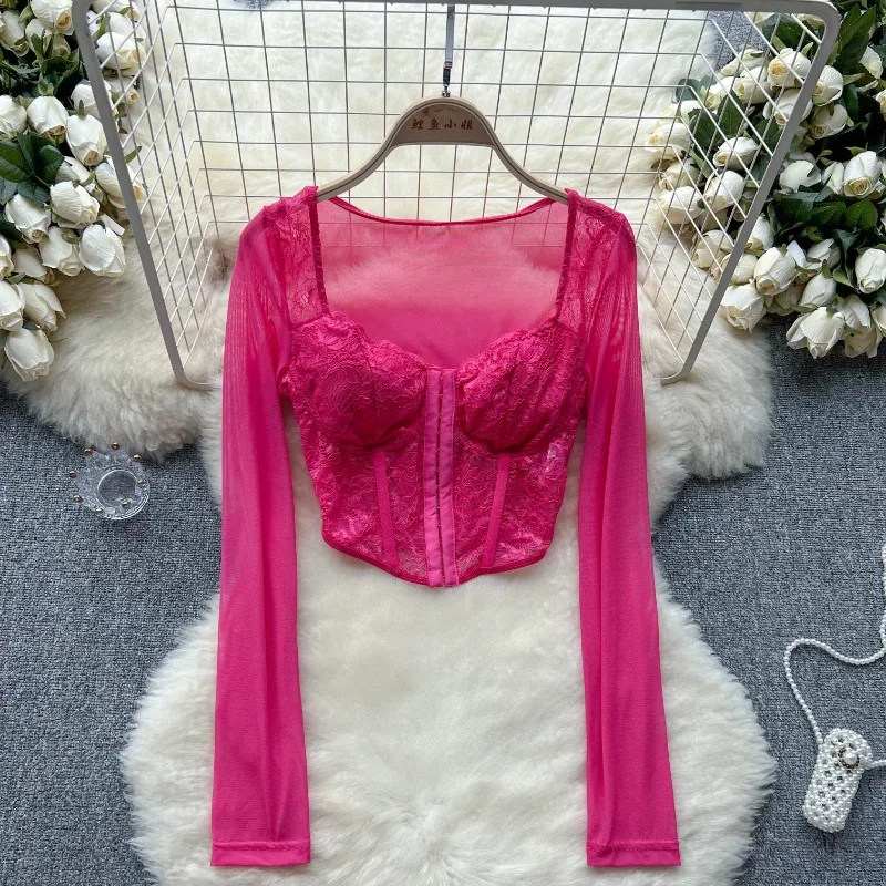 Women Sexy Elastic Mesh Sheer Patchwork T Shirt Long Sleeve Chic Tees Solid Crop Top Slim Tshirt Women Spring Summer Streetwear