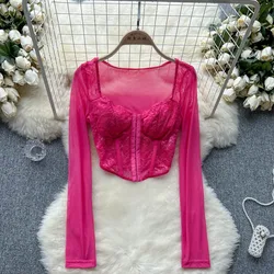 Women Sexy Elastic Mesh Sheer Patchwork T Shirt Long Sleeve Chic Tees Solid Crop Top  Slim Tshirt Women Spring Summer Streetwear