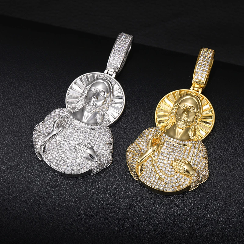 Hip Hop 5A+ Cubic Zirconic Paved Bling Iced Out St Benedict JESUS PIECE Pendants Necklace Men Rapper Jewelry Gold Silver Color