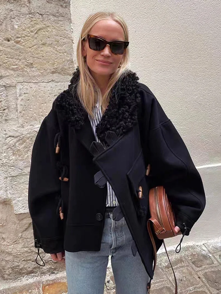 

Faionable Woolen Coat with Fur Collar And Horn Buttons Thiened Jaet Sle for Women Autumn Winter New Arrival French Sle