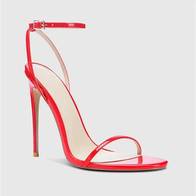 New Black European and American High Heel Sandals for Women with Thin Heels and Lacquered Leather Strap, Sexy and Dewy Toe Style