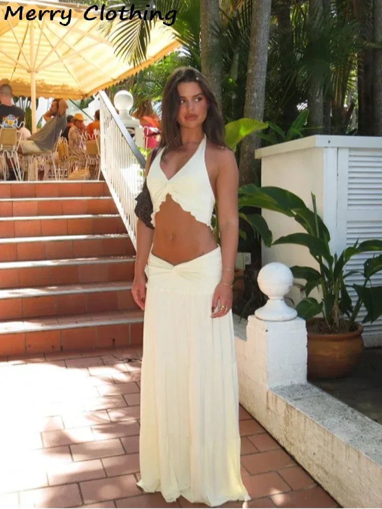 

Sexy Halter Vest Skirt Sets Women Solid Bikini Top Long Pleated A-line Skirts 2026 Spring Summer Lady Vacation Beach Outfit