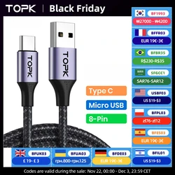 TOPK-Câble Micro USB Type-C 3A pour recharge rapide, cordon de chargeur pour téléphone portable Xiaomi Redmi Note 10/9