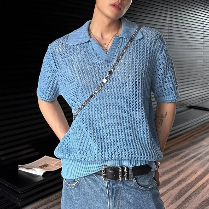 2024 Summer Casual Mens Knit Polo Shirt Short Sleeve Turn-down Collar Hollow Out Tops For Men Fashion Solid Color Knitted Polos