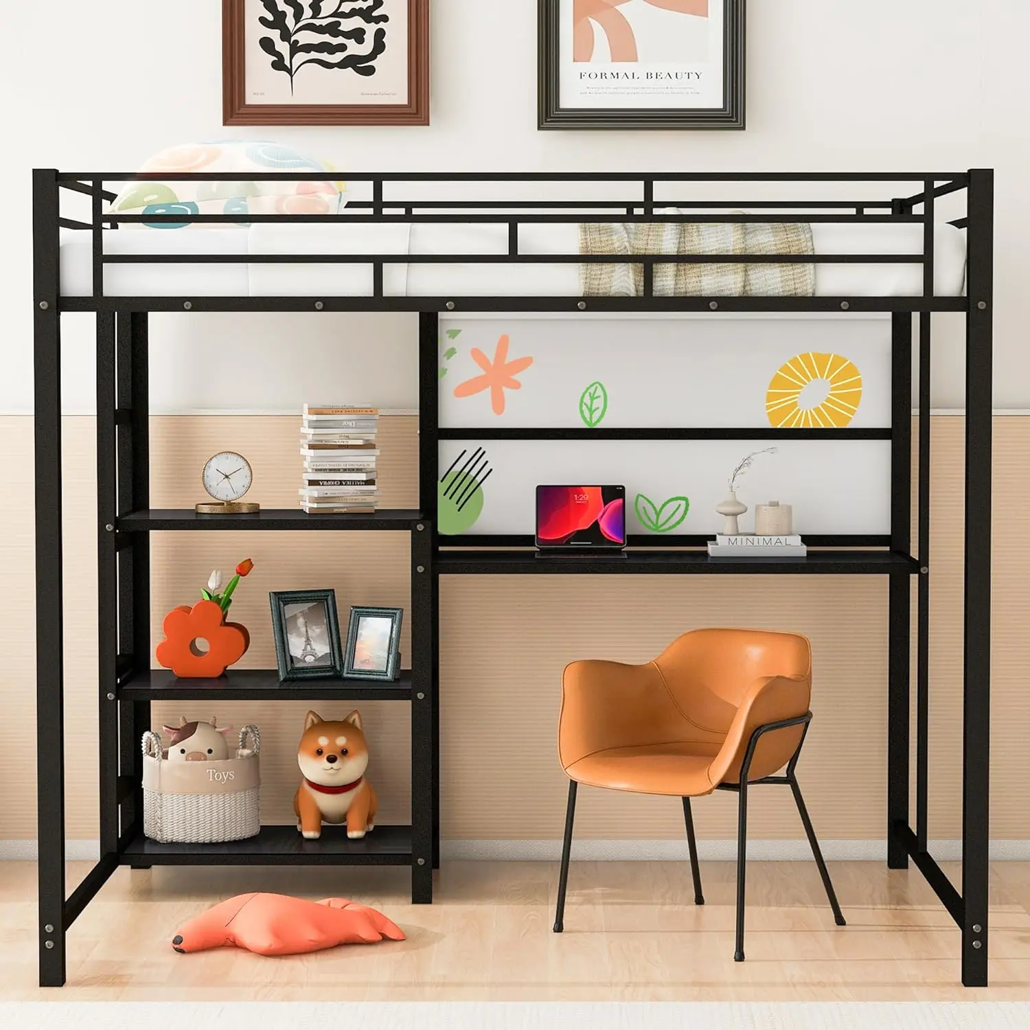 Twin/Full Size Loft Bed with Desk and Storage Shelves, Heavy Duty Metal Loft Bed with Whiteboard and 3-Tier Shelves, Full Loft