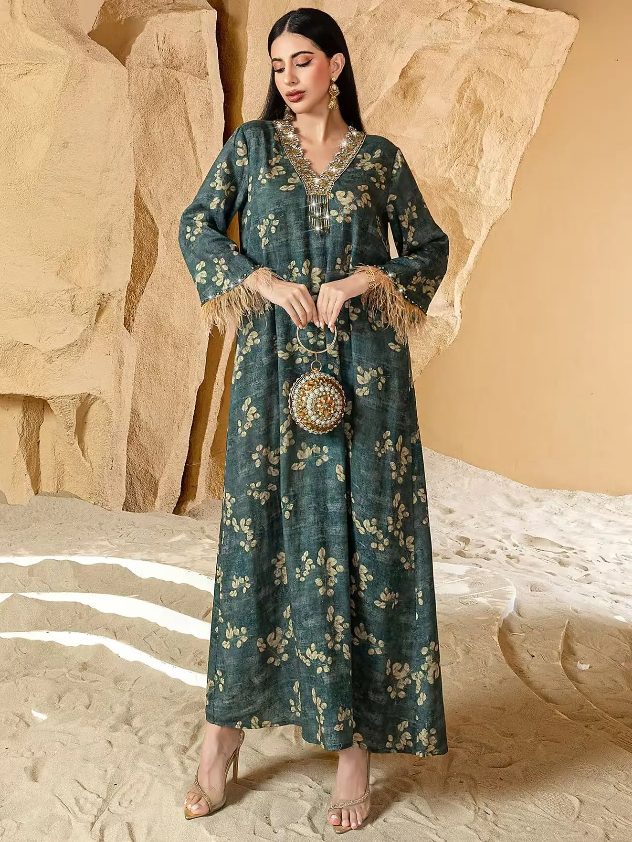 Middle East Retro Print V-ne Feather Sve Diamond-studded Gown Long A-line Dr High Waist Evening Gown for Women