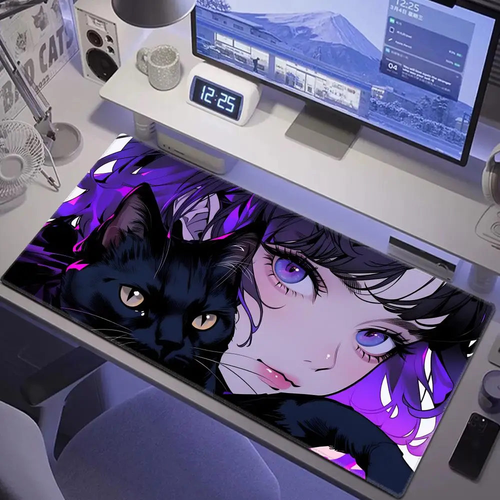 

HYBXAXC Gaming Mouse Pad Purple Anime Cat Girl Cute Desk Mat Nonslip Rubber Base Stitched Edge Keyboard Pads PC for Office Decor
