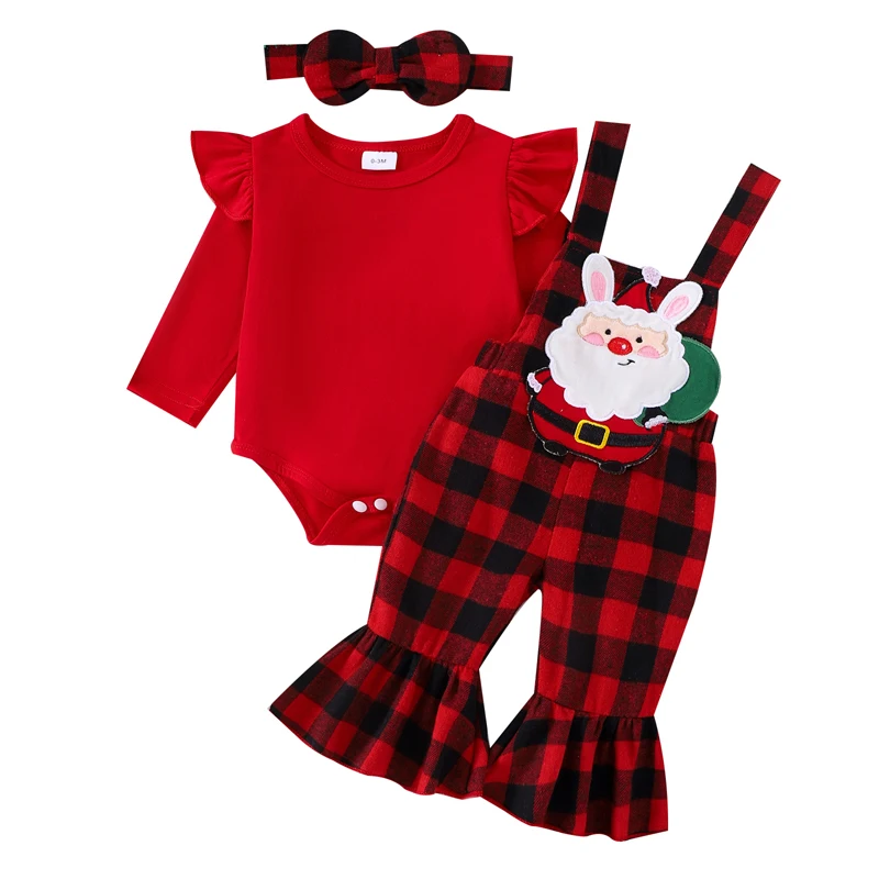 

Baby Girl Outfit Long Sleeve Romper with Plaid Santa Claus Overall Pants Headband Christmas Costume