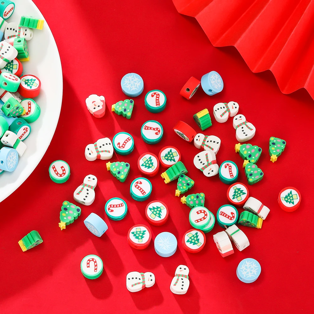 

50/100pcs Christmas Clay Beads Snowflake Christmas Tree Spacer Loose Bead for Earrings Necklace Bracelet Jewelry Making Supplies