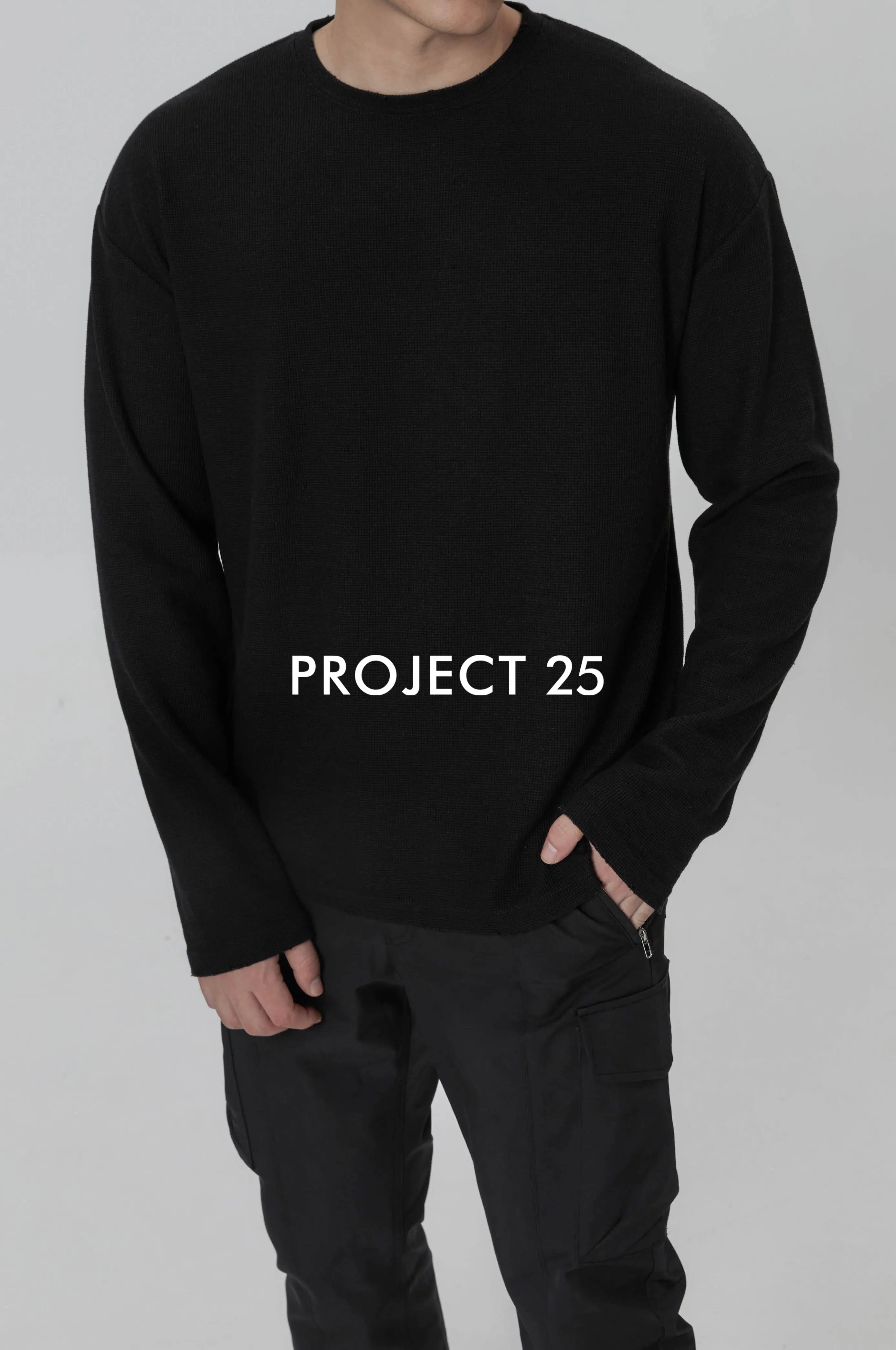 PROJECT 25 Men's Distressed Waffle Knit Long-Sleeve Crew Neck Drop Shoulder Relaxed Fit