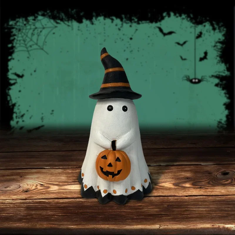 Ghost Pumpkin Figurine Halloween Sculpture Resin Spooky Figure Prop Ornament Home Decoration for Bookshelf Windowsill Bedroom