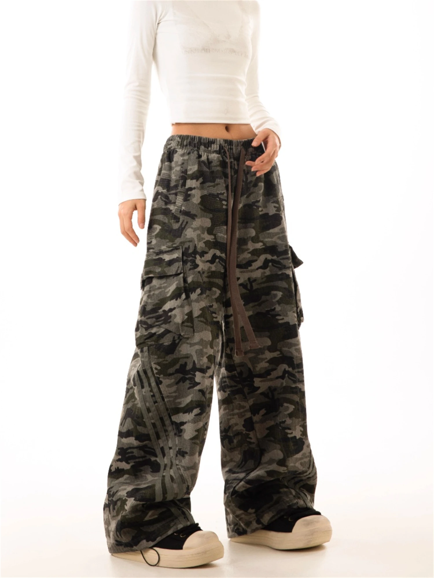 سراويل نسائية مموهة كبيرة الحجم واسعة الساق برباط الخصر وجيوب متعددة ملابس غير رسمية للسيدات #4