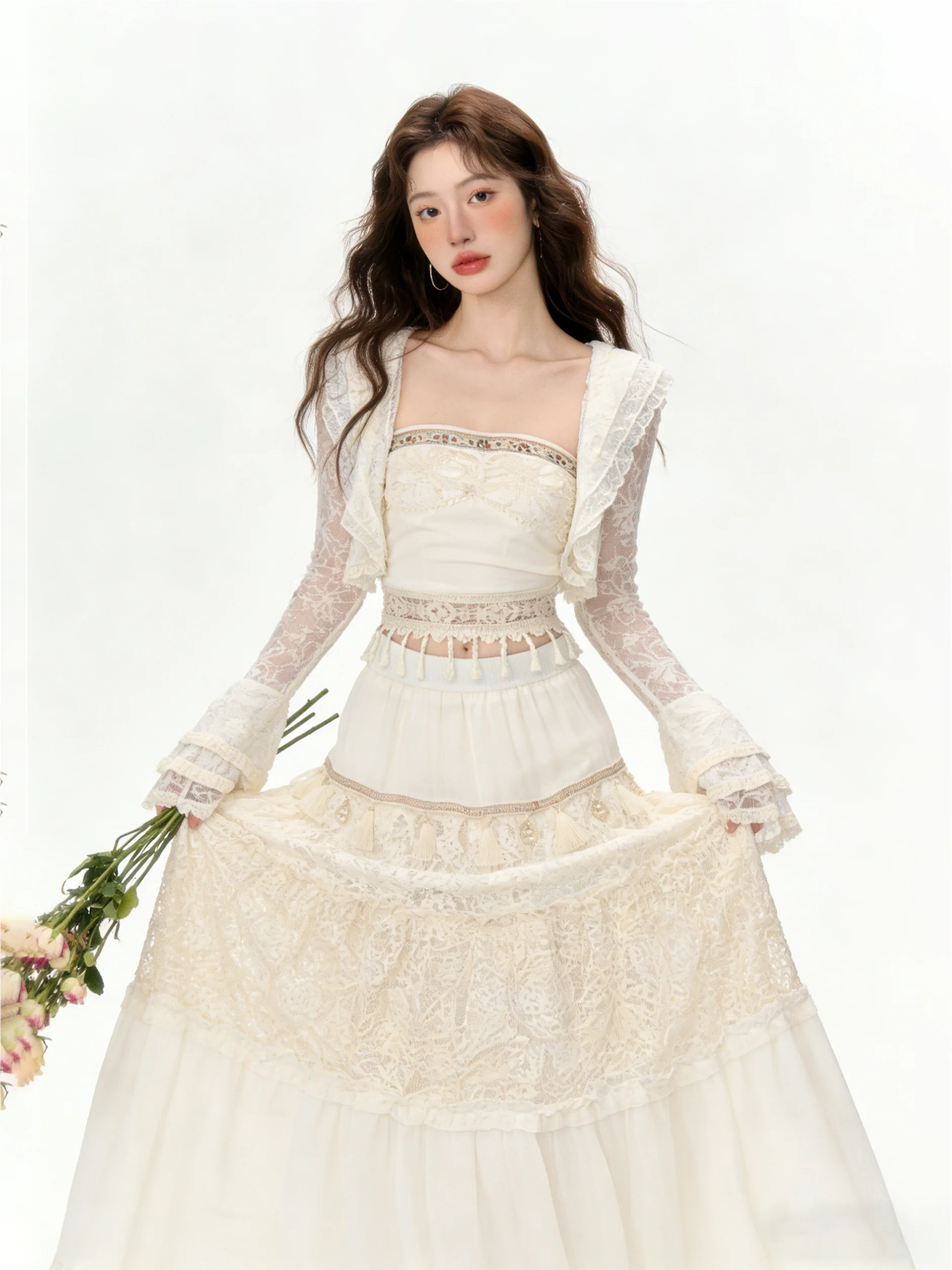 Summer Bohemian Holiday Lace Sun Protection Open Cardigan Half Skirt Set Women's Ethnic Style Fashion Three-piece Suit