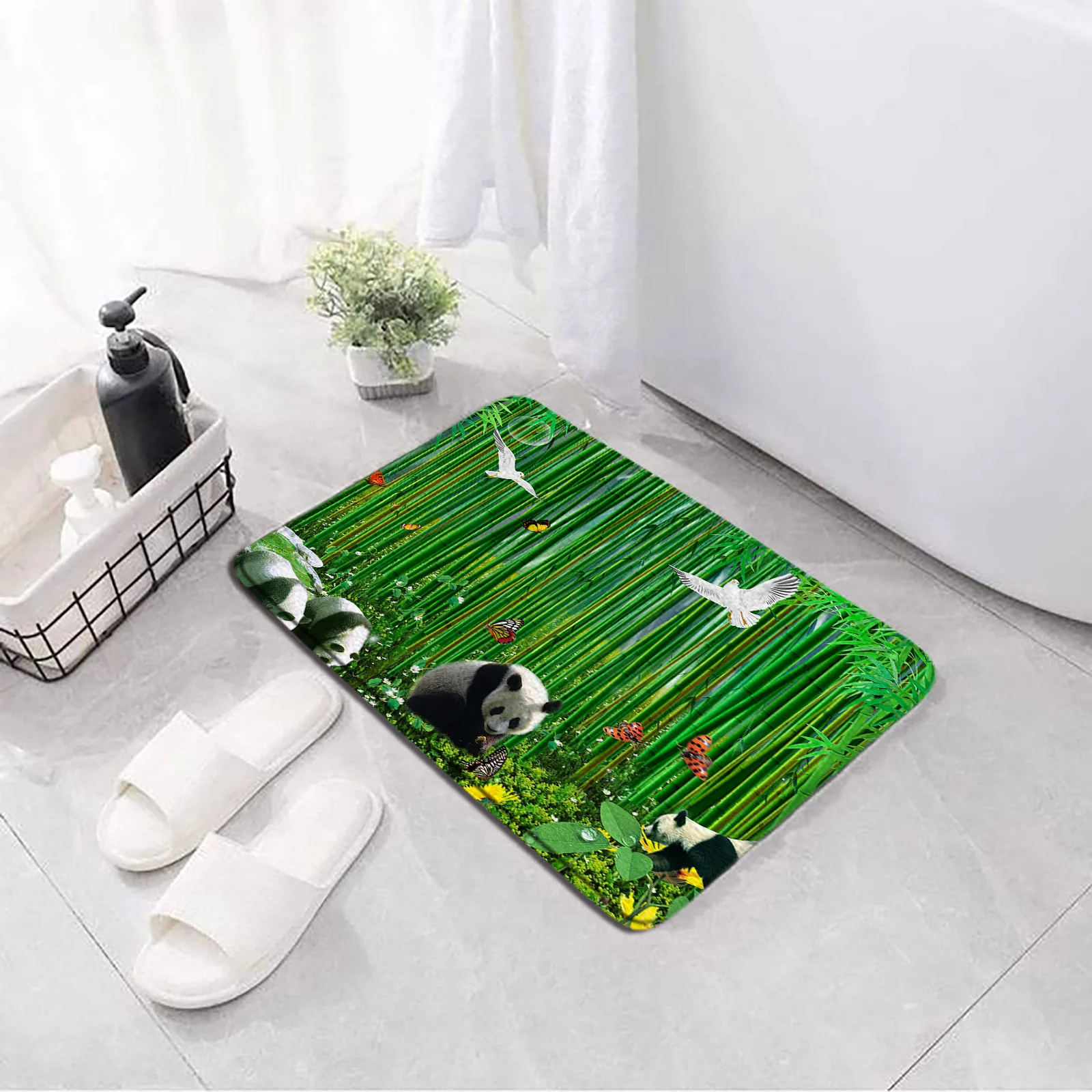 Dream Forest Deer Bath Mat Bamboo Forests White Dove Bird Green Landscape Print Anti Slip Bathroom Rugs Carpets Flannel Foot Mat