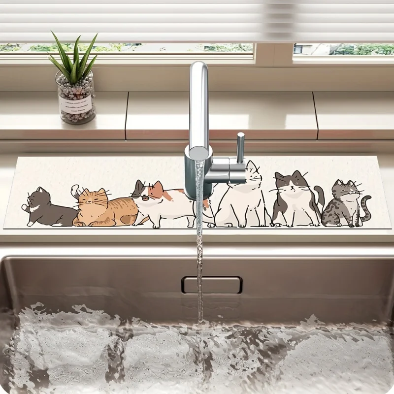 VIKAMA  Cute Cat-Themed Sink Drain Mat for Bathroom Vanity Faucets – Quick-Drying Protective Mat for Home Decor