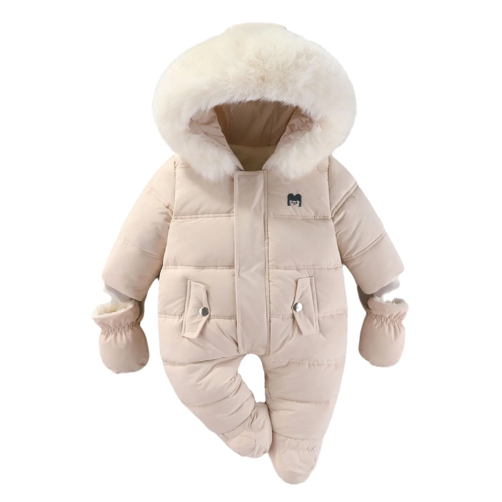 UNIFEMEN New Baby Boys Winter Rompers Fur Collar Thickened Warm Baby Boys Jumpsuit Hooded Cotton Padded Infant Boy Bodysuit