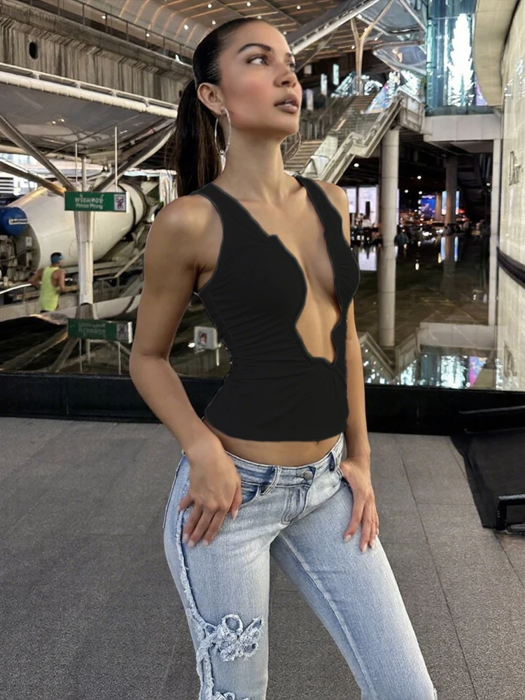 Sisterlinda-Camiseta sin mangas sencilla para mujer, Top Sexy con corte ondulado Irregular, fruncido, pecho bajo, básico, salvaje, elástico, ajustado, ropa para discoteca de calle