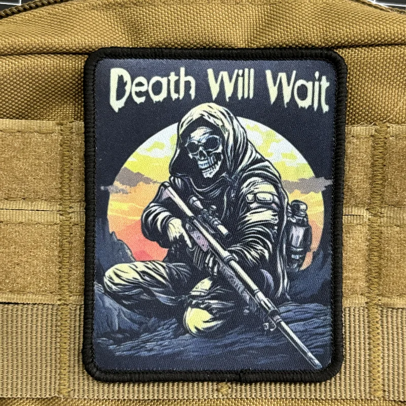 Death Will Wait Reaper Tactical Patch Skull Soldier Morale Badge Hook & Loop Printing Patches Military Armband Backpack Sticker