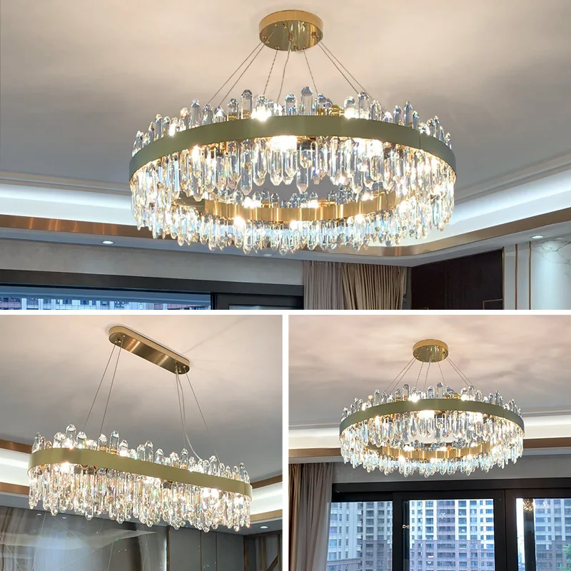 lustre de cristal redondo para foyer lampadas suspensas brilho de iluminacao ouro e prata design pos moderno led 01