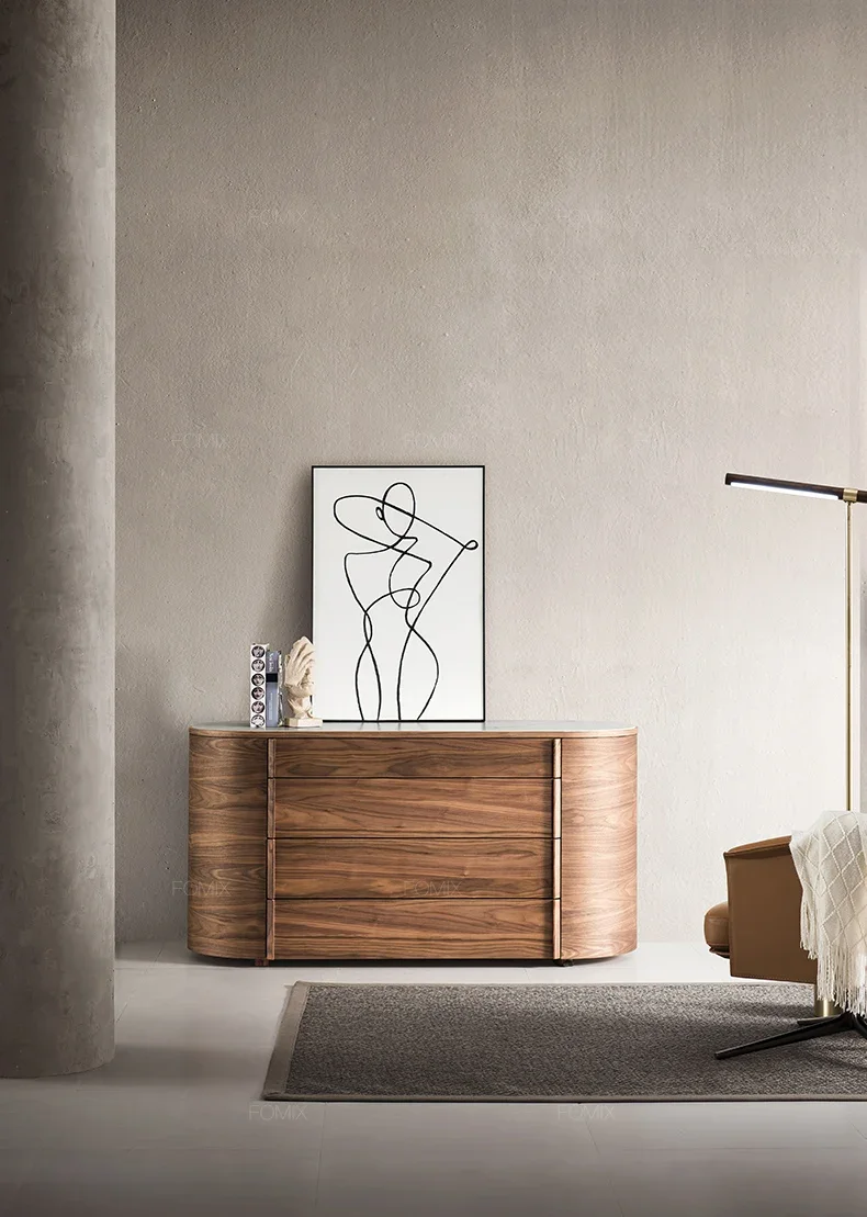 Italian Minimalist Walnut TV Cabinet High Stone Plate Table Top Audiovisual Cabinet Drawer LockerA