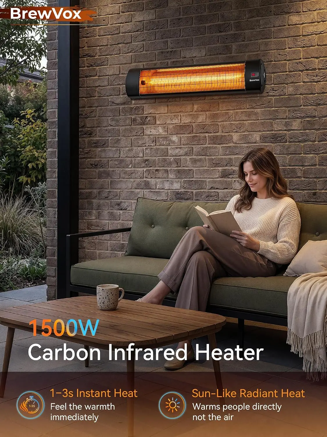 1500W Electric Carbon Infrared Patio Heater, 34-Inch Outdoor Heater with Remote Control, 24-Hour Timer, Wall & Ceiling Mount, IP65 Weatherproof for Garage, Deck, Gazebo