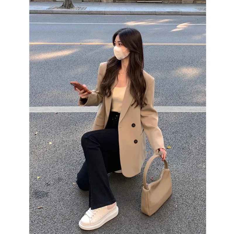 Women's Vintage Long Sleeve Elegant Solid Loose Coat Spring Fall Casual Oversized Suit Office Lady Work Minimalist Jacket