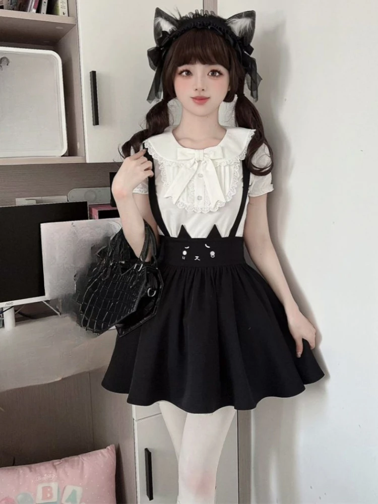 Lolita High Waist Mini Suspender Skirt Women Y2k Aesthetic Sweet Cat Cartoon Kawaii Jk Faldas Preppy Style Black Pleated Jupe