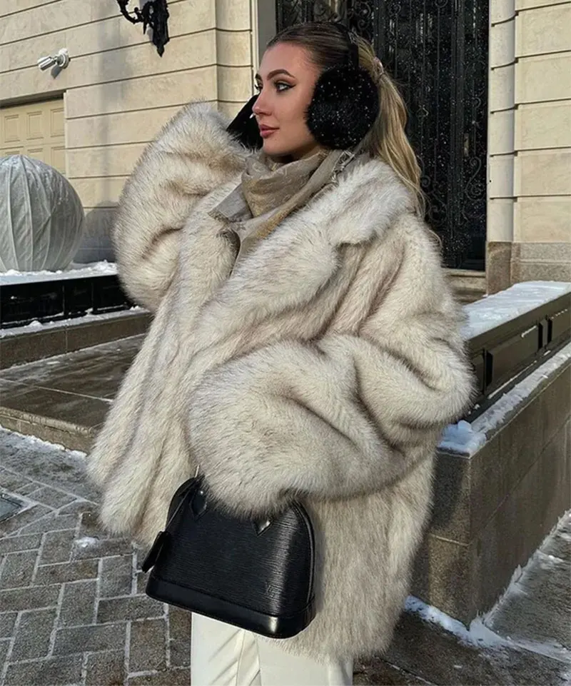 GACVGA 2025 Winter Ins Hot Fashion Girls Oversized Gradient Fur Coat Women Thick Warm Outerwear Fluffy Faux Fox Fur Jacket