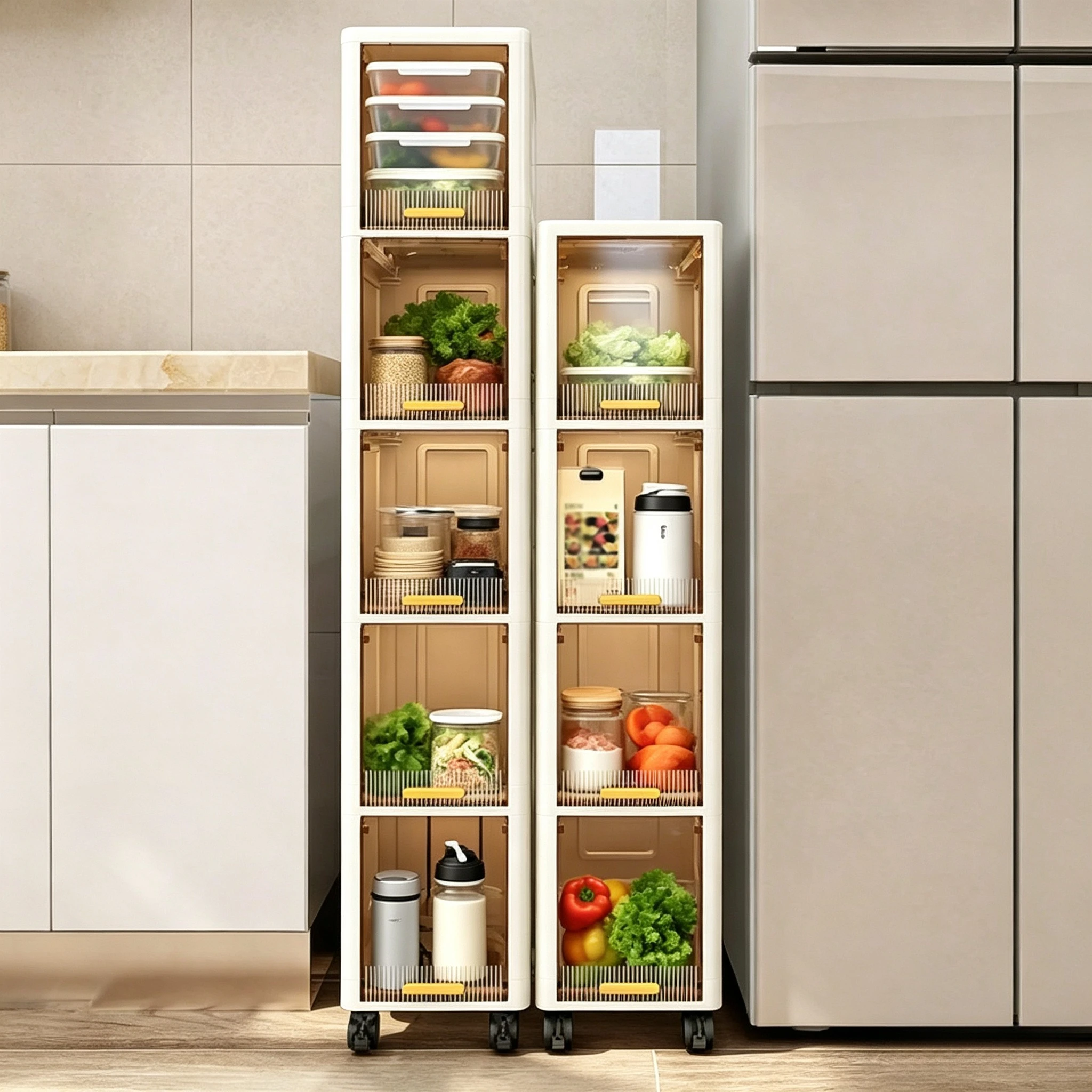 3/4/5/6 Tier Narrow Storage Cabinet, Ultra-Thin Plastic Storage Box with Wheels & Adjustable Shelves, Space Saving Organizer for Kitchen Bathroom Small Spaces, Modern Mobile Floor Cabinet White
