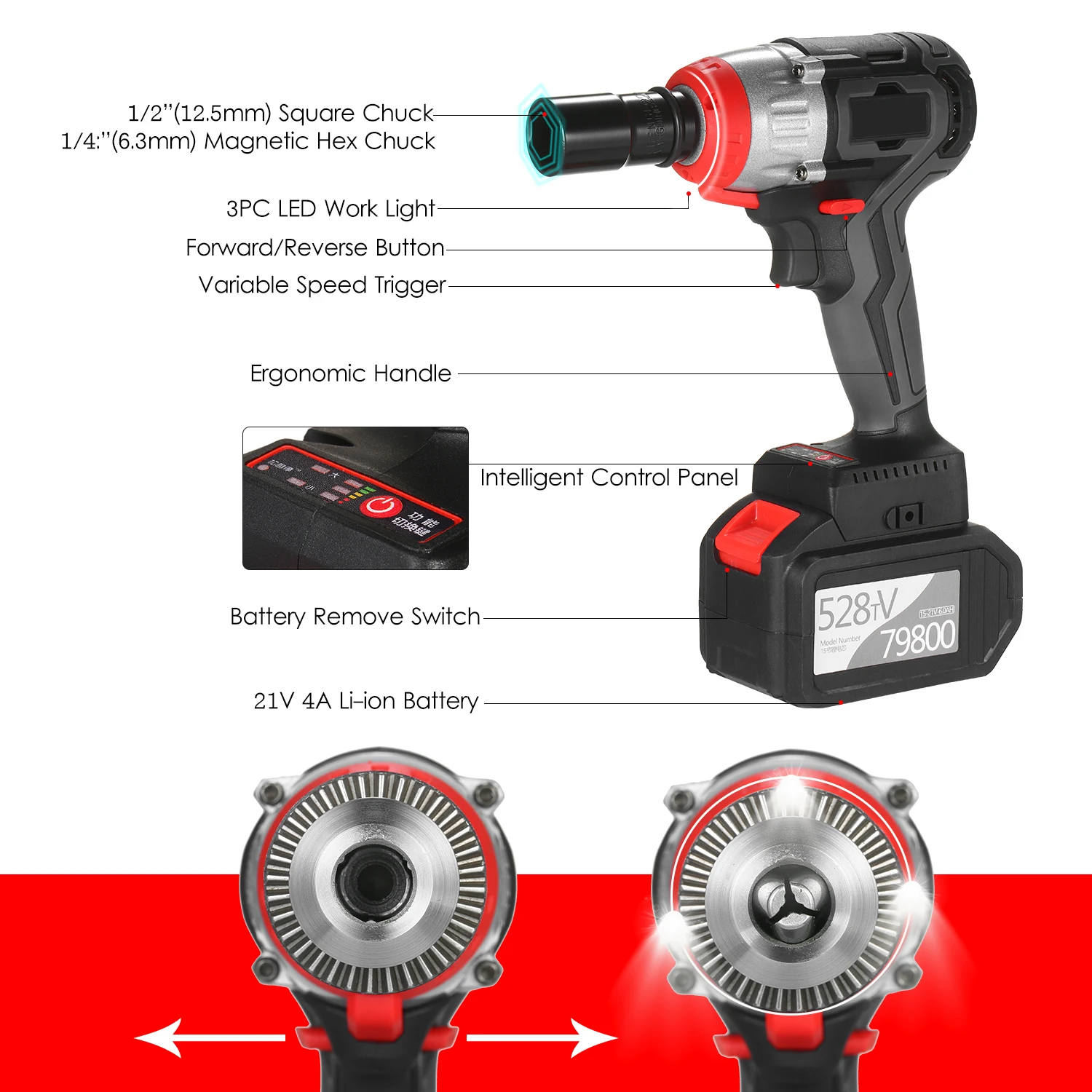 Cordless Impact Wrench 980Nm Torque Brushless Motor 1/2 and 1/4 Inch Quick Chuck 6.0A with Fast Charger Impact Kit