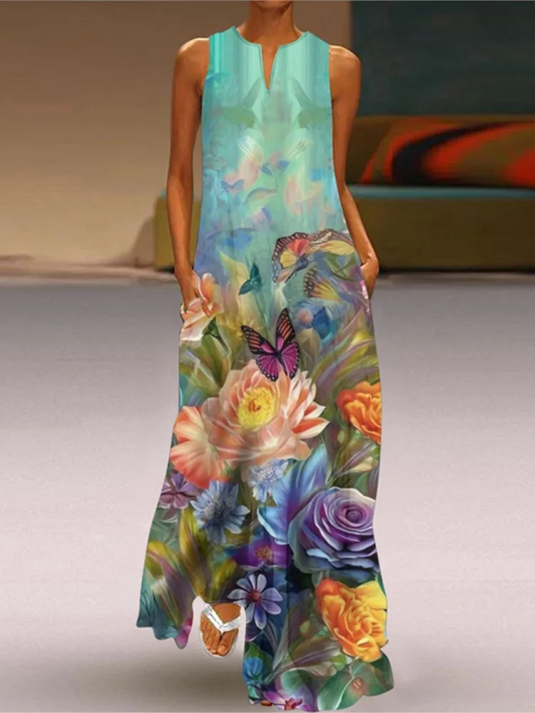 2025 Summer New Vintage Flower Printed Long Dresses Women Fashion V-neck Loose Sleeveless Dress Casual Commuting Vestidos Female — zdjęcie 4