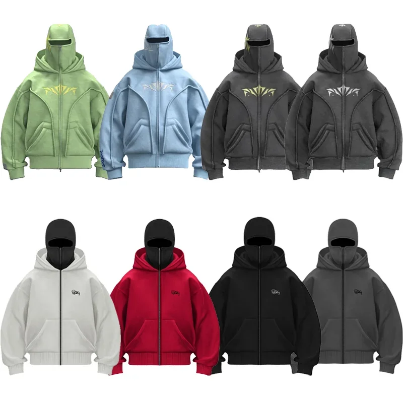 Y2K Zip up Hoodie Double Hat Heavyweight Embroidered high quality Sweatshirt Oversized Hip hop Men Women Streetwear Hoodie top