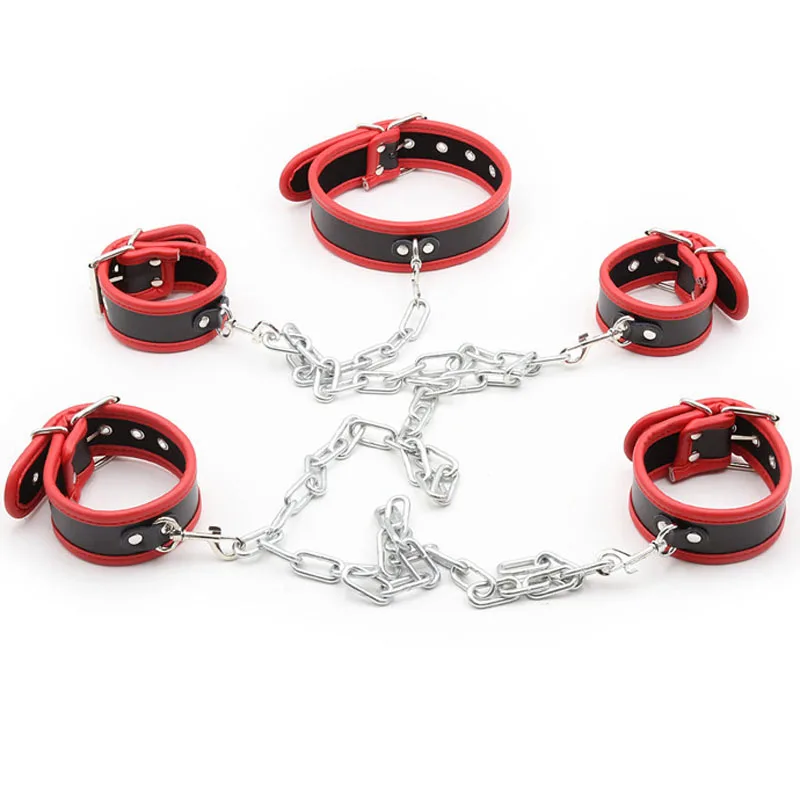 Leather bondage metal chain hand ankle cuffs neck collar adult games restraints bdsm slave fetish handcuffs sex toys for couples