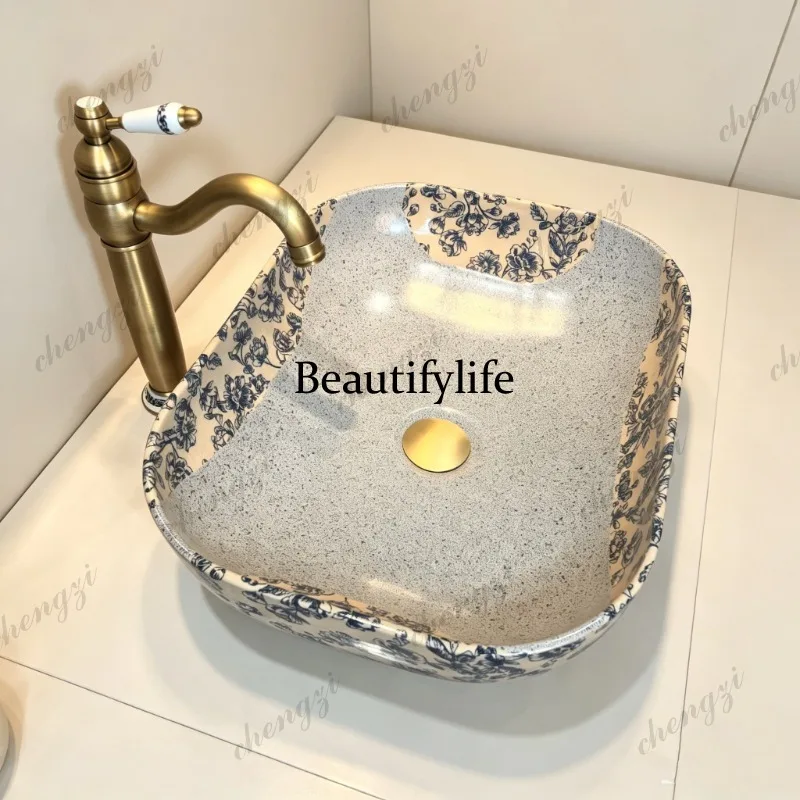 retro art stage basin hand washing, courtyard outdoor washbasin home use, balcony blue and white single, washbasin