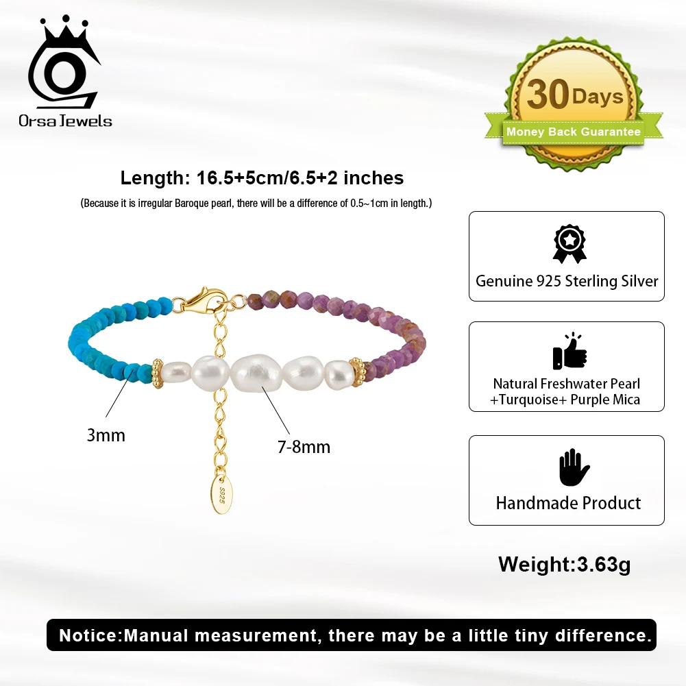 ORSA JEWELS 925 Sterling Silver Natural Pearl Bracelet Fashion Purple Mica&Turquoise Bracelet Anniversary Gifts for Women MPB04