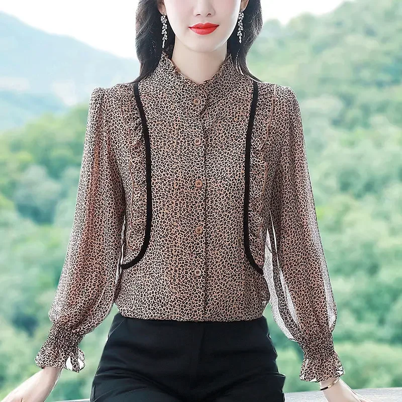 

Printed Chiffon Shirt Spring Autumn New Fashion Leopard Bottoming Blouse Slim Women's Age Reducing Stand Collar Long Sleeve Top