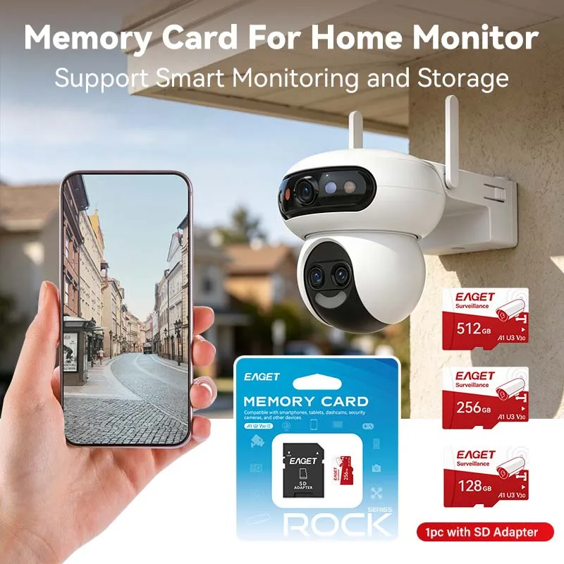 EAGET TF Card Memory Card 24H Continuous Recording A1 V10 U3 V30 128GB For Home IP Camera CCTV Security Monitor With SD Adapter