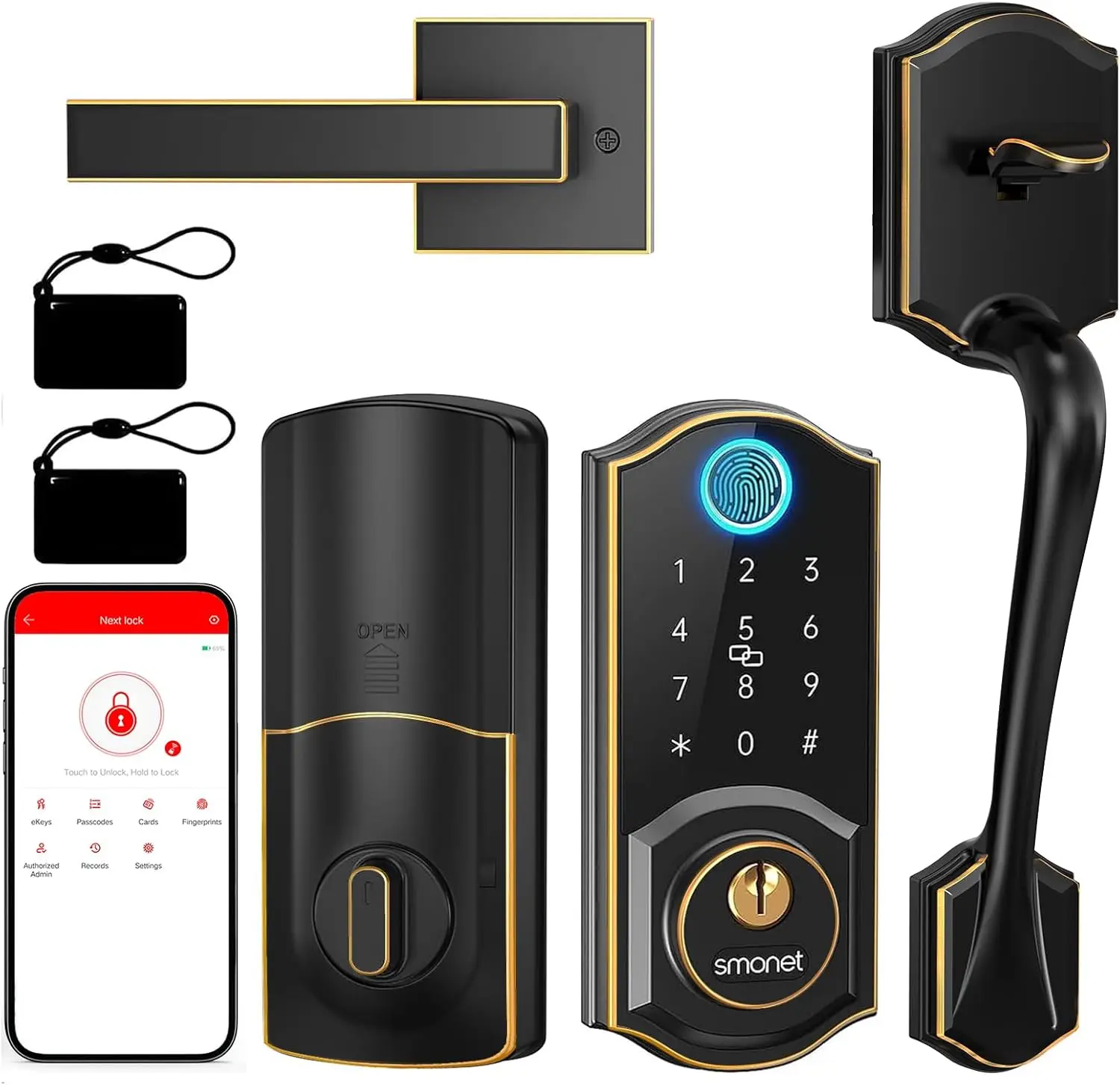 Smart Door Lock with Handle Set: Front Door Lock Set Keyless Entry, Fingerprint Keypad Lock Bluetooth Alexa Deadbolt