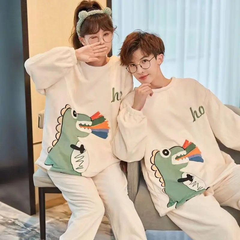 Cute Cartoon Pajamas Set for Couples Lovers Matching Sleepwear Dinosaur Bear Printed Cozy Loungewear Winter Home Clothes Flannel