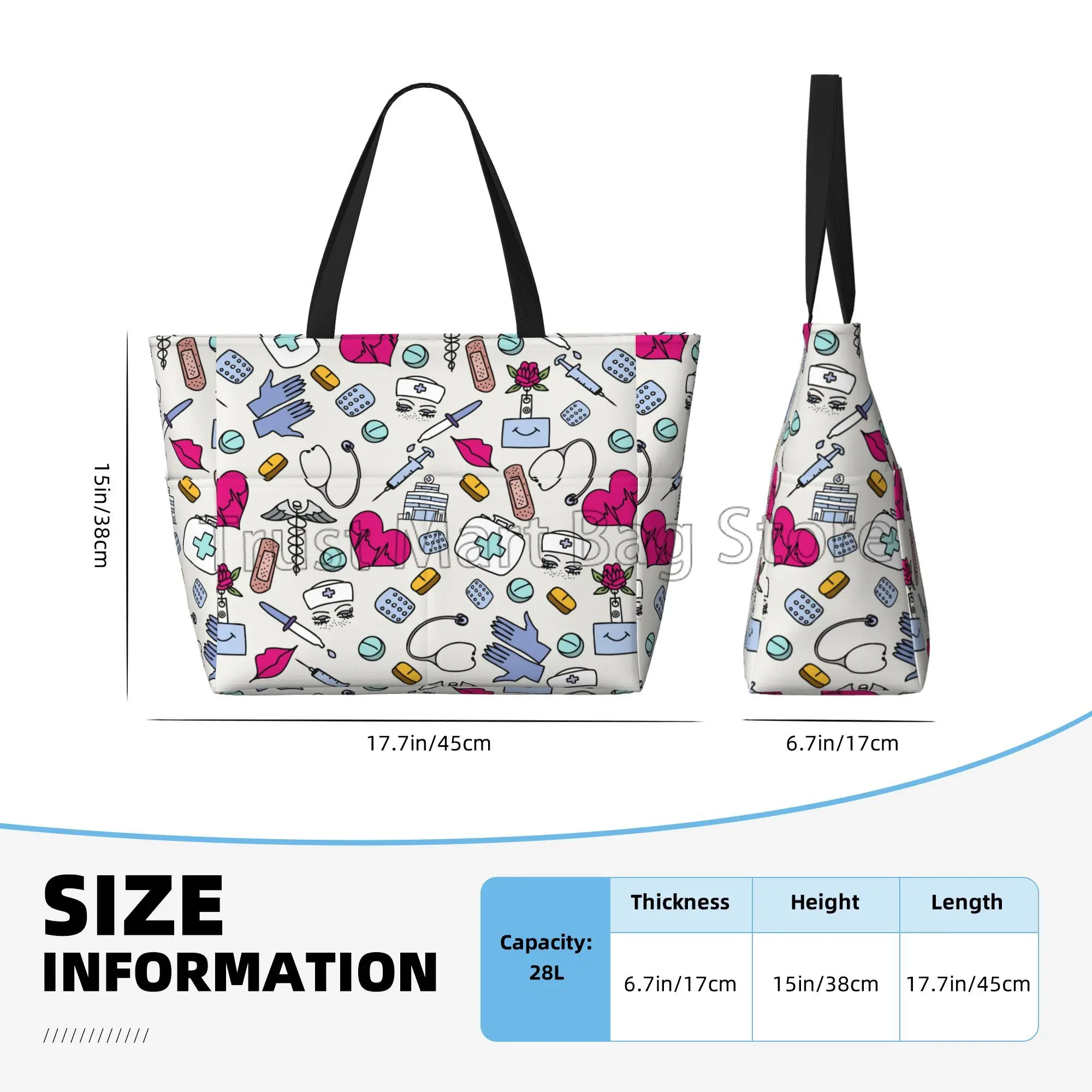 Nurse Print Beach Tote Bags for Women Waterproof Sandproof Large Pool Bag Stylish Zipper Beach Tote for Swim Gym Travel Shopping