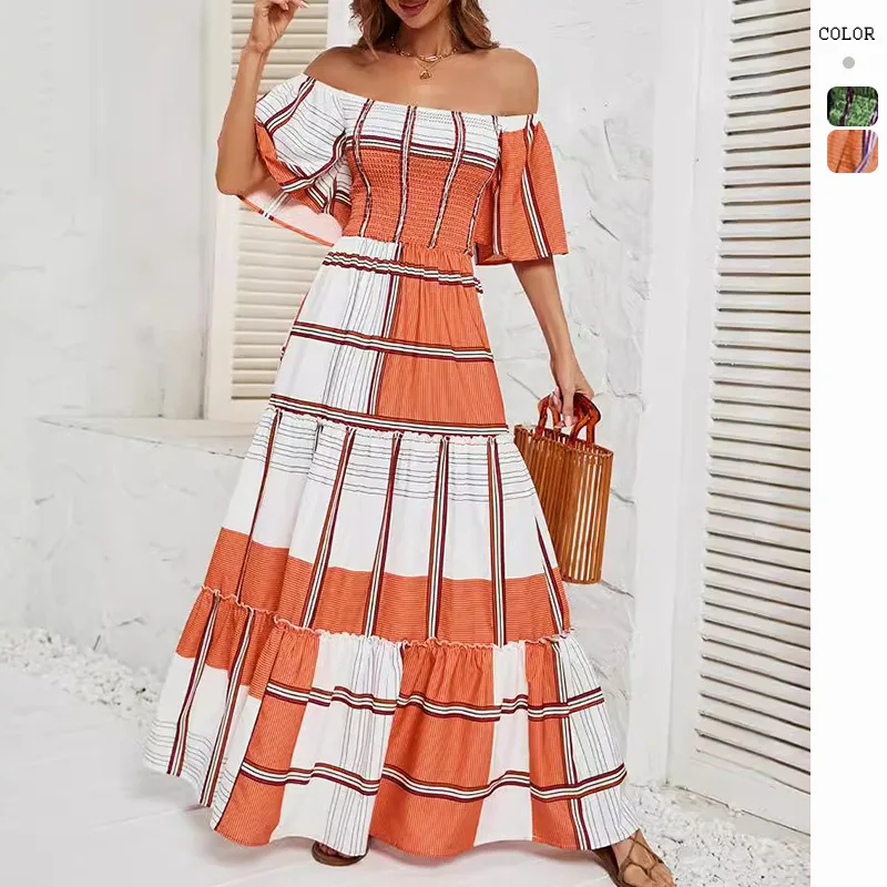 New European and American Women's Clothing Foreign Trade Elegant off-Shoulder off-Shoulder Striped Ruffle Sleeve Large Swing Dre