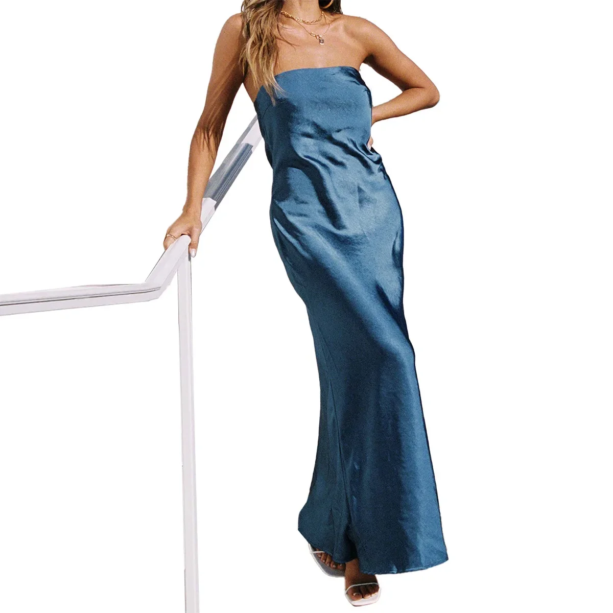 MORODER Women's Evening Gown With Strap, Elastic Satin, Passionate And Sexy, Lace-Up, Full Skirt Dress